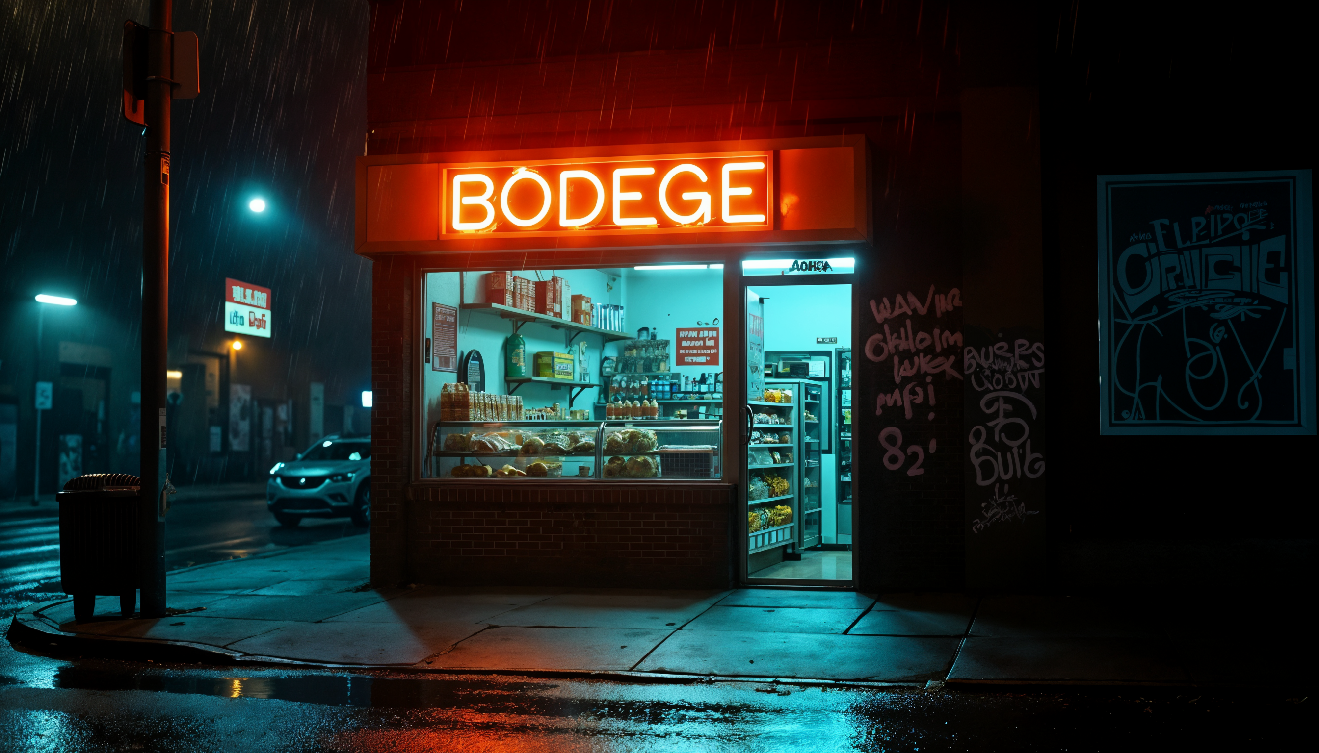 Neon bodega street scene decomposed into parallax layers