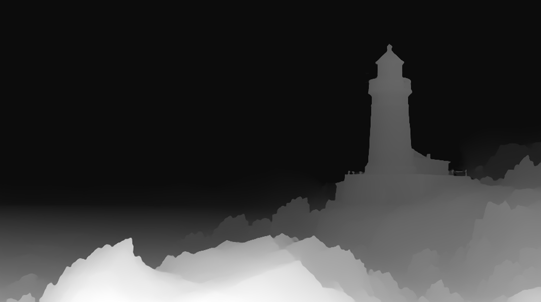 Grayscale depth map of the lighthouse scene